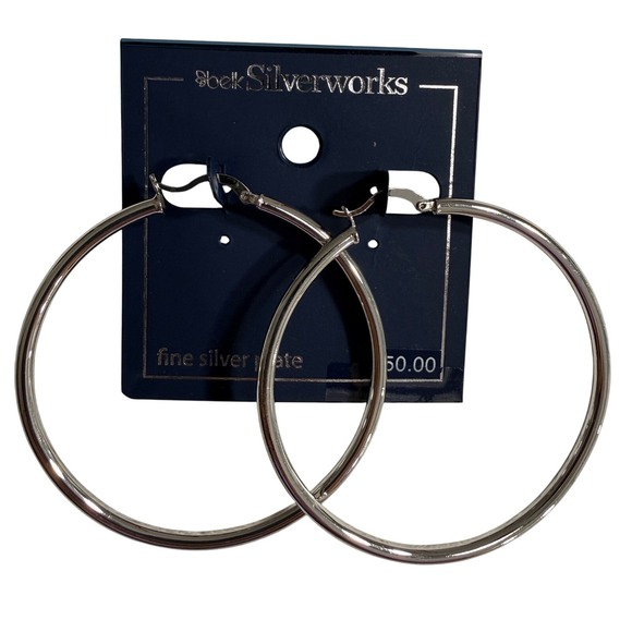 Belk Hoop Earrings Silverworks Shiny Fine Silver Plate Large Round - Picture 2 of 7
